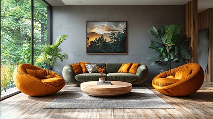 Modern Living Room Interior Design with Orange Armchairs Green Sofa and Landscape Artwork