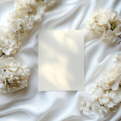 Aufkleber - Mockup blank activity pages with very thin pages in wedding background. White fabric silk and wedding flowers. the position is angled. top view.