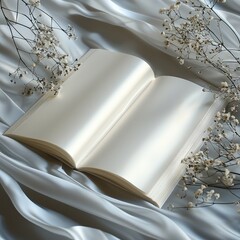 Aufkleber - Mockup blank activity pages with very thin pages in wedding background. White fabric silk and wedding flowers. the position is angled. top view.