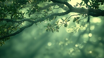 Sticker - Sunlit tree branch, forest mist, nature background, serenity