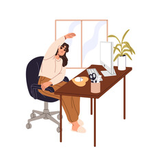 Poster - woman freelancer with sedentary work does yoga training, physical exercises at computer desk. office