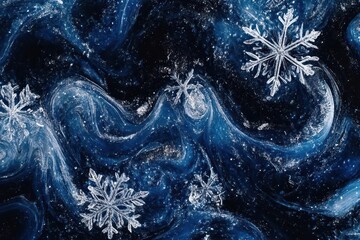 Wall Mural - crystalline snowflake patterns swirling on midnight blue background, sparkles and frost effects, winter wonderland aesthetic