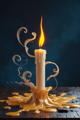 Poster - melting candle emits vibrant flame with decorative wax patterns on rustic wooden surface