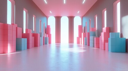 Aufkleber - A white grey room filled with pink and blue color stacked cardboard product boxes, bright and vibrant.