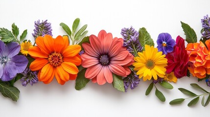 Aufkleber - A stunning display of various flowers in bright hues is arranged meticulously on a white surface, highlighting the beauty of nature
