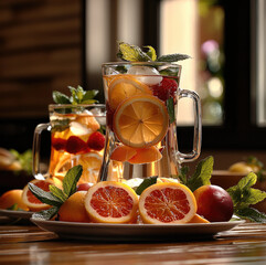 Poster - A beautiful glass transparent hot tea cup and tall glass with ice fruit tea.