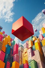 Poster - Red cube floating over a colorful abstract city under blue sky