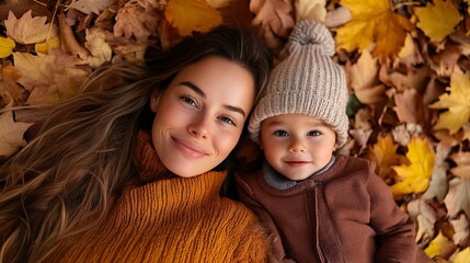 Wall Mural - Happy mother and baby smiling lying on autumn leaves