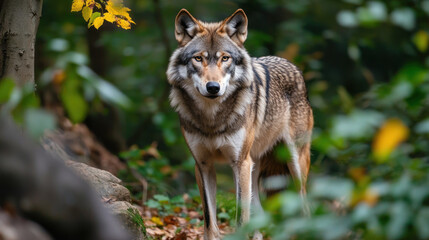  grey wolf stands alert in lush forest, surrounded by vibrant green foliage and autumn leaves, creating serene and natural atmosphere