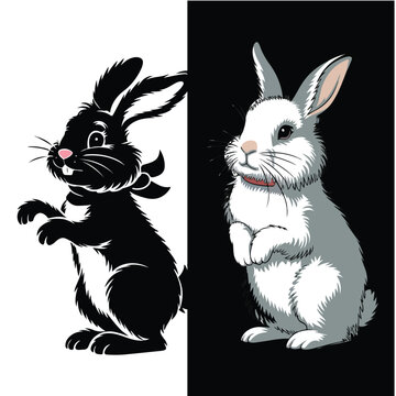 An illustration of a fluffy rabbit silhouette standing on its hind legs against a white background. The rabbit has its ears perked up and is wearing
