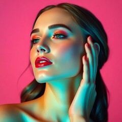 Wall Mural - Beautiful woman with vibrant makeup against a bright pink background showcasing artistic expression and individuality in portraiture