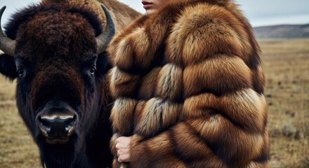 caucasian female in fur coat stands beside buffalo on grassy plain