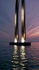 Poster - a pair of tall, metallic arches emerging from the sea, each crowned with a glowing orb.
