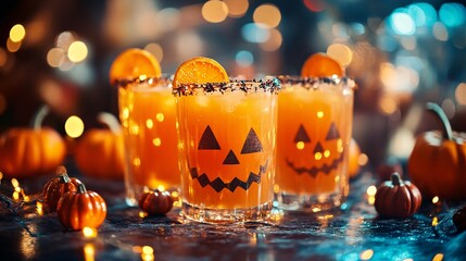 Poster - Halloween cocktails standing on table with string lights and pumpkins