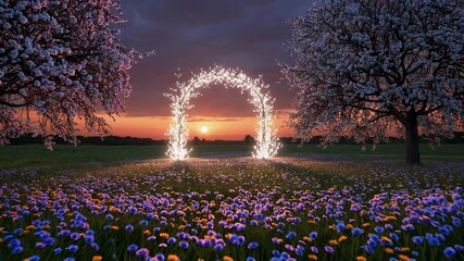 Poster - a glowing archway in a field of flowers at sunset, flanked by two blossoming trees.