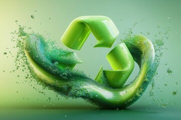 Wall Mural - dynamic 3d eco-friendly recycling symbol rendered in vibrant gradient greens, with flowing organic p