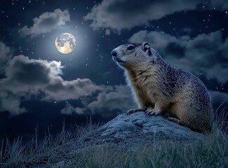 Wall Mural - A beautiful night sky with a full moon and a marmot on the hill in the background.