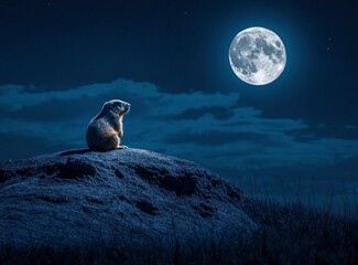 Wall Mural - A beautiful night sky with a full moon and a marmot on the hill in the background.