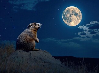 Wall Mural - A beautiful night sky with a full moon and a marmot on the hill in the background.
