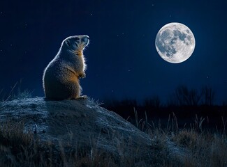 Wall Mural - A beautiful night sky with a full moon and a marmot on the hill in the background.