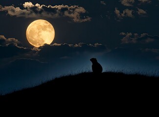 Wall Mural - A beautiful night sky with a full moon and a marmot on the hill in the background.