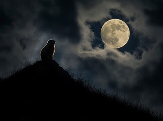 Wall Mural - A beautiful night sky with a full moon and a marmot on the hill in the background.