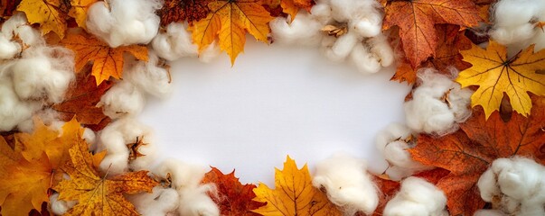 Aufkleber - Autumn leaves and cotton flowers making frame on white background