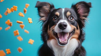 Happy dog ​​against a blue studio background with falling dog food