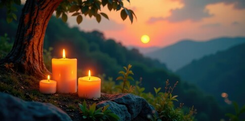 Softly glowing candlelight on a peaceful landscape, landscape, light, nature