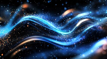 Wall Mural - Abstract blue waves flowing with glitter particles on dark background