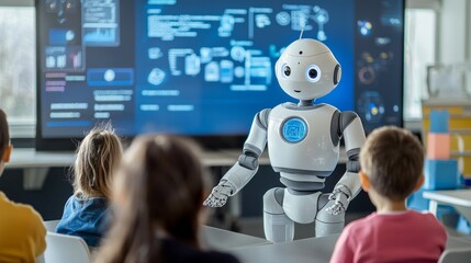 Leinwandbilder - Excited children engage with a humanoid robot, exploring interactive lessons and technology in a vibrant classroom filled with digital displays and innovative tools