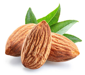 Wall Mural - Almond nuts and almond leaves isolated on white background. File contains clipping path.