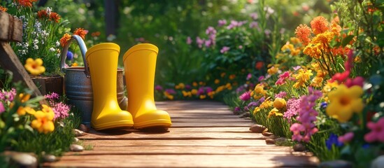 Yellow boots garden path flowers spring