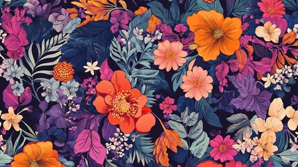 Wall Mural - Vibrant seamless floral pattern blooming on dark background