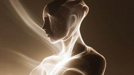Poster - Sculpture of a seated figure illuminated by intricate light patterns in a modern gallery space conveying a sense of contemplation and tranquility
