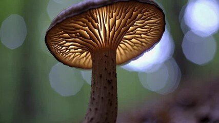 Poster - a glowing mushroom underside with branching veins backlit by soft forest bokeh.