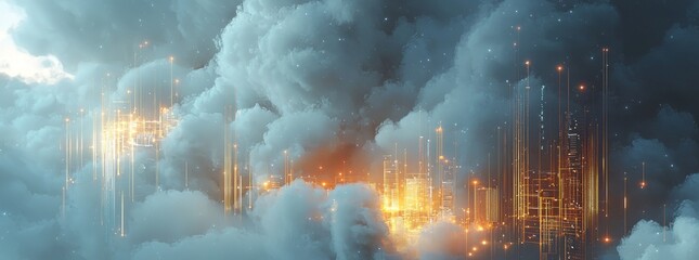 Poster - Cloud computing technology is illustrated by moving databases to the cloud, featuring a prominent cloud icon in the center and a small white icon linked to polygons on a dark blue backdrop.