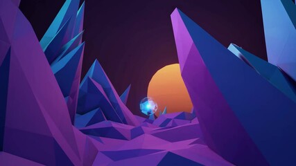 Fototapete - a vibrant, low-poly mountain scene in rich purples and blues with a large orange sun in the background.
