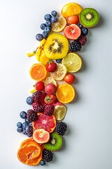 Poster - Composition of fresh sliced fruits and berries creating colorful pattern on white background