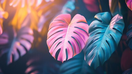 Poster - A stunning array of tropical leaves in shades of pink and blue infuses the environment with vivid colors, showcasing nature's artistic brilliance during the golden hour