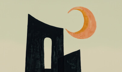 Poster - Minimalist Architectural Silhouette with Crescent Moon in Abstract Night Scene