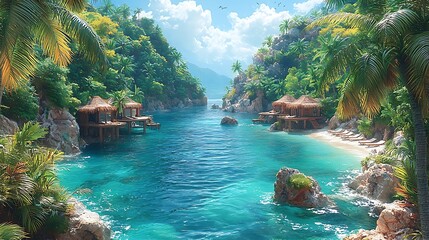 Wall Mural - Tropical Paradise:  A serene and idyllic tropical getaway nestled amidst lush greenery, with crystal clear waters, turquoise lagoon, sandy beach, palm trees, and secluded huts.