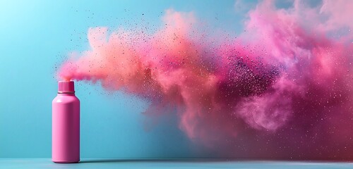 Wall Mural - pink aerosol can with a cloud of colored powders, evoking a playful and vibrant energy, perfect for 