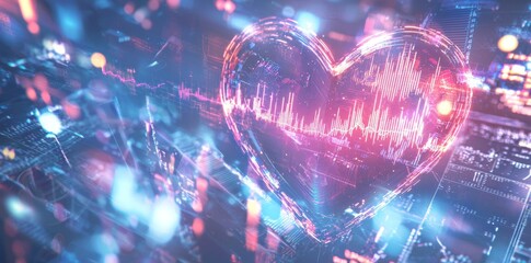 Poster - Futuristic AI healthcare solution for tracking heart health and pulse management. It features data network visualization and a neon banner display