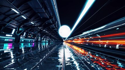 Aufkleber - a futuristic high-speed train in motion with glowing orange light streaks and a large illuminated orb.