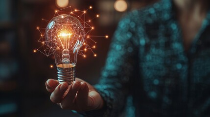 Poster - A business expert grasping a radiant digital brain, representing innovation and stock in technology.