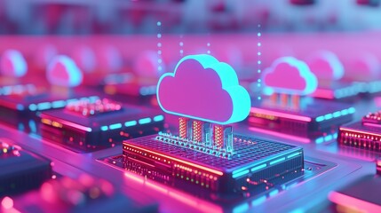 Poster - A server room designed as a modern technology data center, featuring a cloud motif on the ceiling