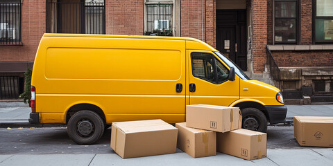 Poster - Yellow delivery van parked beside stacked cardboard boxes
