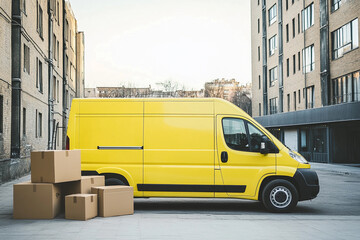 Poster - Delivery van parked in urban area with cardboard boxes