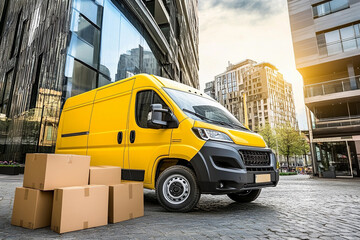 Poster - Delivery truck parked near modern buildings in the city